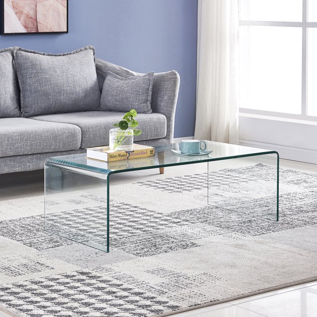 "S&M Modern Round Coffee Table, Clear Tempered Glass for Living Room