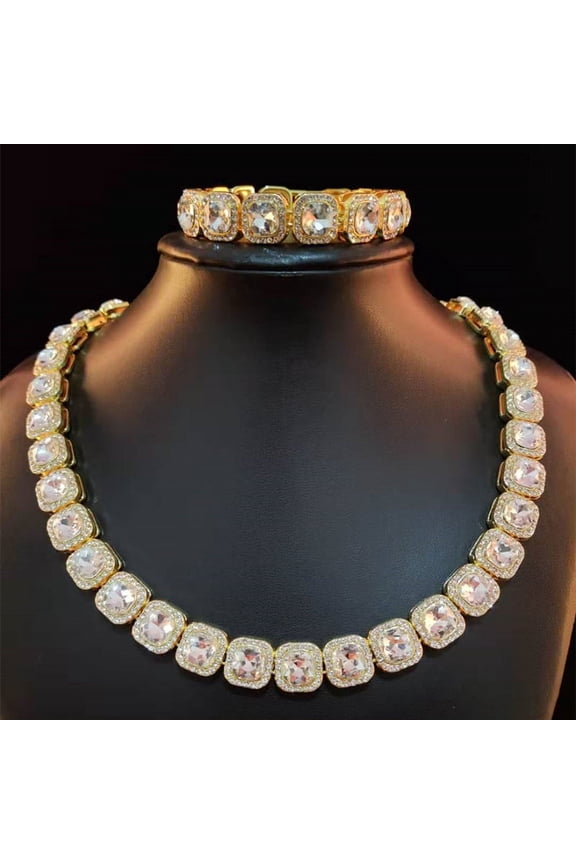 Hip Hop Rhinestones Paved Bling Iced Out 10mm Tennis Link Chains Choker Necklace For Men Women (Gold)