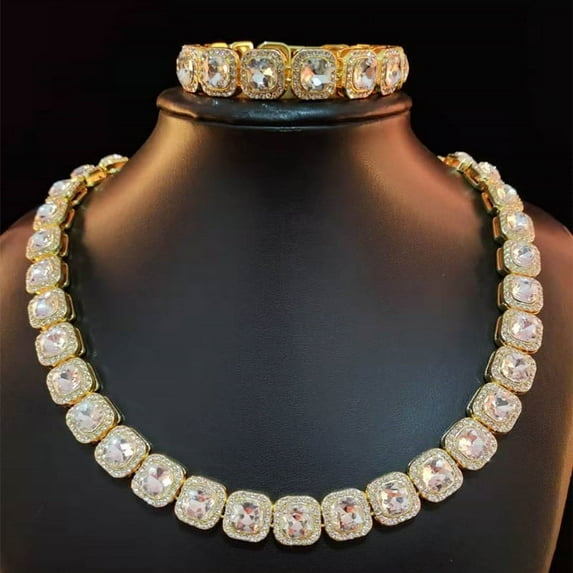 S&M Jewelry Hip Hop Rhinestones Paved Bling Iced Out 10mm Tennis Link Chains Choker Necklace For Men Women (Gold)