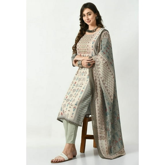 S MAJIDA Kurta Set for Women Ethnic Motifs Polyster Blend Kurta Pant Dupatta with 3/4 Sleeve