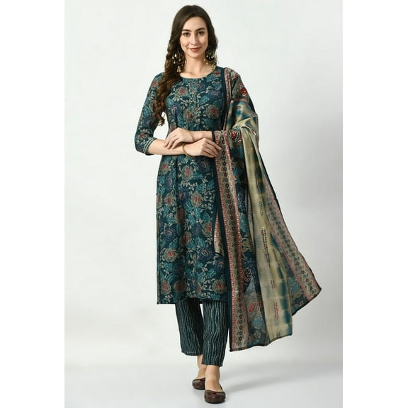 S MAJIDA Kurta Set for Women Ethnic Motifs Polyster Blend Kurta Pant Dupatta with 3/4 Sleeve