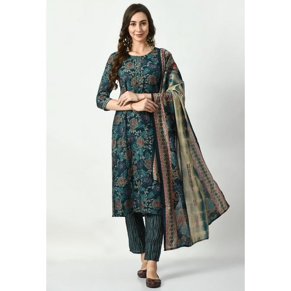 S MAJIDA Kurta Set for Women Ethnic Motifs Polyster Blend Kurta Pant Dupatta with 3/4 Sleeve