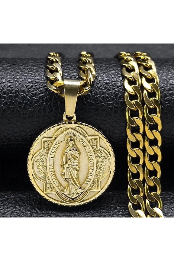 S Maria Immac Ora Pro Nobis Medallion Necklace Women Men 14K Yellow Gold Religious Christian Pendant Necklaces Jewelry