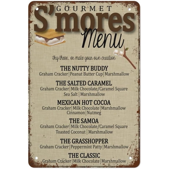 S'Mores Bar Menu, S'Mores Sign, Camping Party, S'Mores Wedding Bar Vintage Tin Sign Metal Sign Retro Wall Decor for Home Cafes Office Store Pubs Club Sign Gift 12 X 8 Inch Plaque Tin Sign