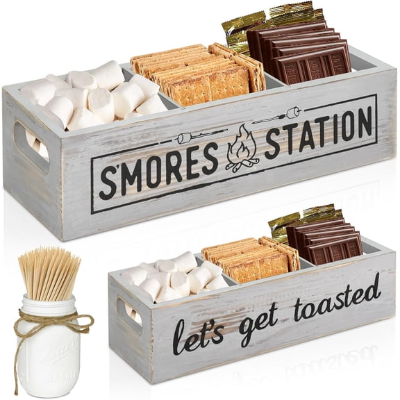 S'Mores Station With Mason Jar, Farmhouse S'mores Bar Holder with Handle, 4 Section Smores Caddy & Smores Accessories Organizer, Gray Smores Maker Container Box for Smores Kit, Smores Tray