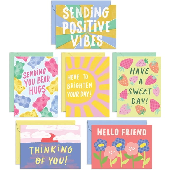 S&O Fun Thinking of You Cards with Envelopes - Colorful Notes Pack of 24 Box - Blank Inside Encouragement Cards with Covers- Bulk Boxed Greeting sheets in various Designs-4x5.5"