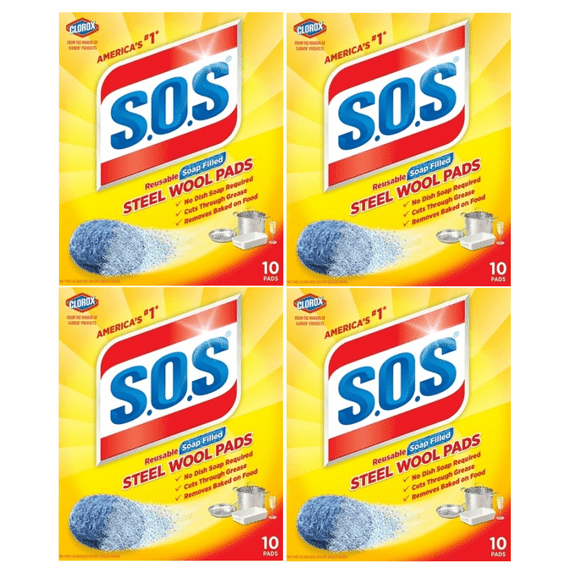 S.O.S Steel Wool Soap Pads Reusable Soap Filled 10 Count Each Box (Pack Of 4) Total Count 40 REUSABLE PADS