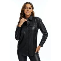 S P Y M Women's Faux Leather Jacket Regular and Plus Size Soft Snap Button Down Shirt Shacket