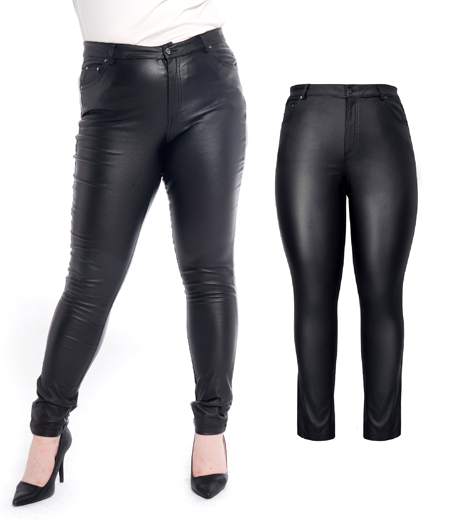 S P Y M Women's Stretchy Jeggings, Faux Leather Legging Pants with Zipper  Pockets, Regular and Plus Size 