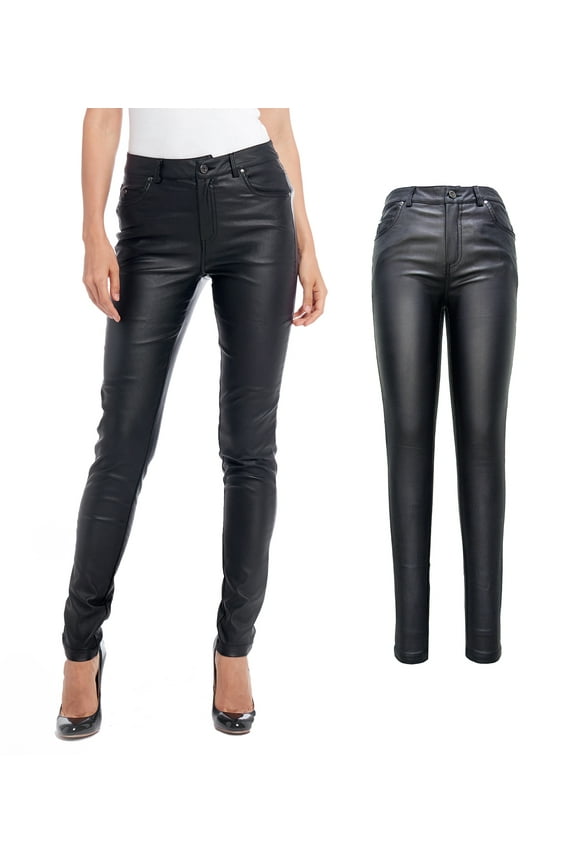 Women's Stretchy High-Waist Jeggings, Faux Leather Legging Pants with Pockets, Regular and Plus Size