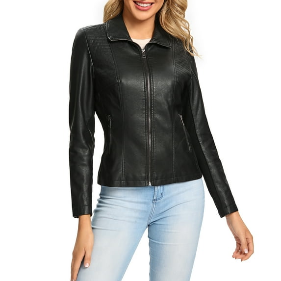 S P Y M Womens Faux Leather Jacket, Casual Fashion Quilted Zip Up Coat With Rib,Regular and Plus Size