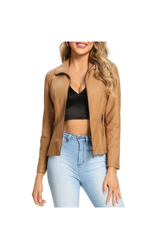 Womens Faux Leather Jacket, Casual Fashion Quilted Zip Up Coat With Rib,Regular and Plus Size