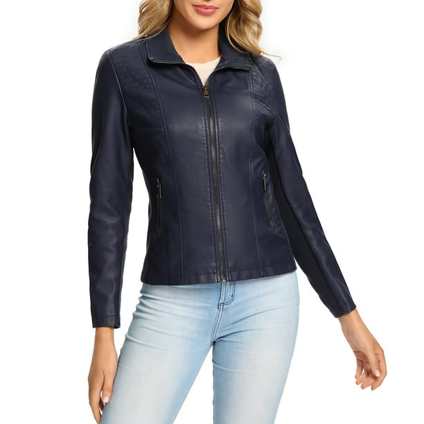 S P Y M Womens Faux Leather Jacket, Casual Fashion Quilted Zip Up Coat