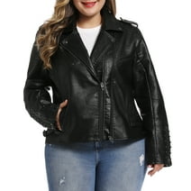 S P Y M Womens Faux Leather Jacket, Double Zip Up Coat, Moto Biker Outwear with Rivets,Regular and Plus Size