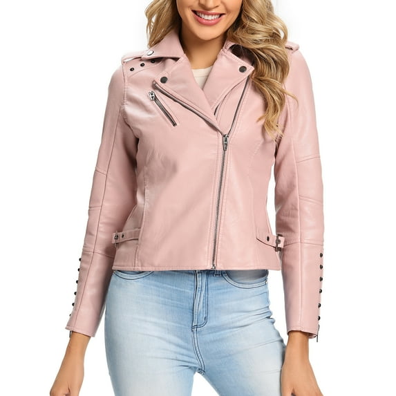 S P Y M Womens Faux Leather Jacket, Double Zip Up Coat, Moto Biker Outwear with Rivets,Regular and Plus Size