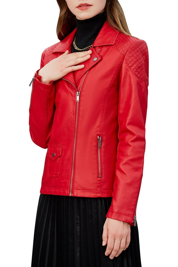 Womens Faux Leather Jacket, Moto Biker Coat, Quilted Zip Up Outwear,Regular and Plus Size