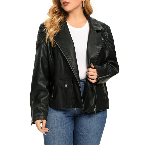 S P Y M Womens Faux Leather Jacket, Moto Biker Coat, Quilted Zip Up Outwear,Regular and Plus Size