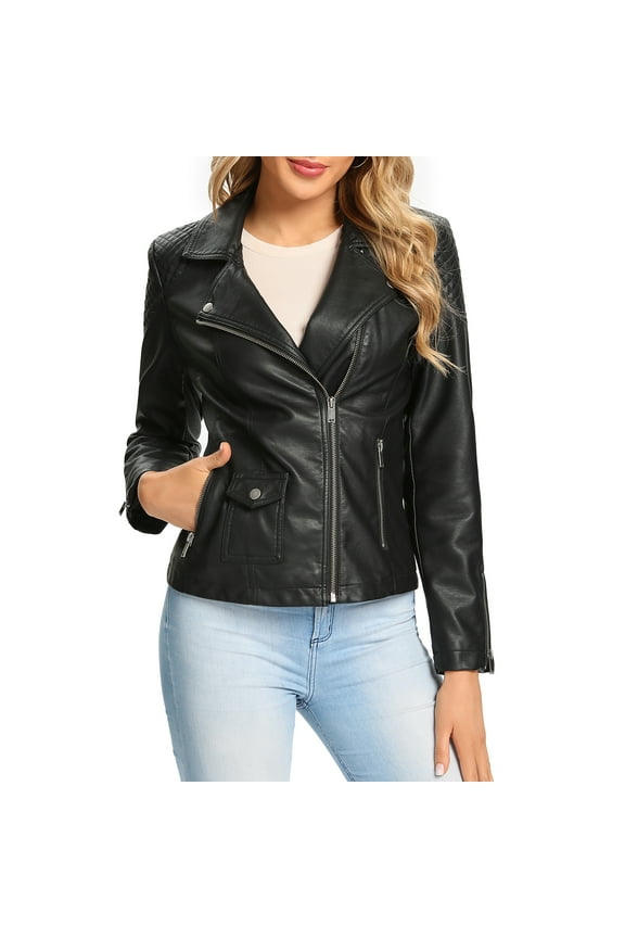 Womens Faux Leather Jacket, Moto Biker Coat, Quilted Zip Up Outwear,Regular and Plus Size