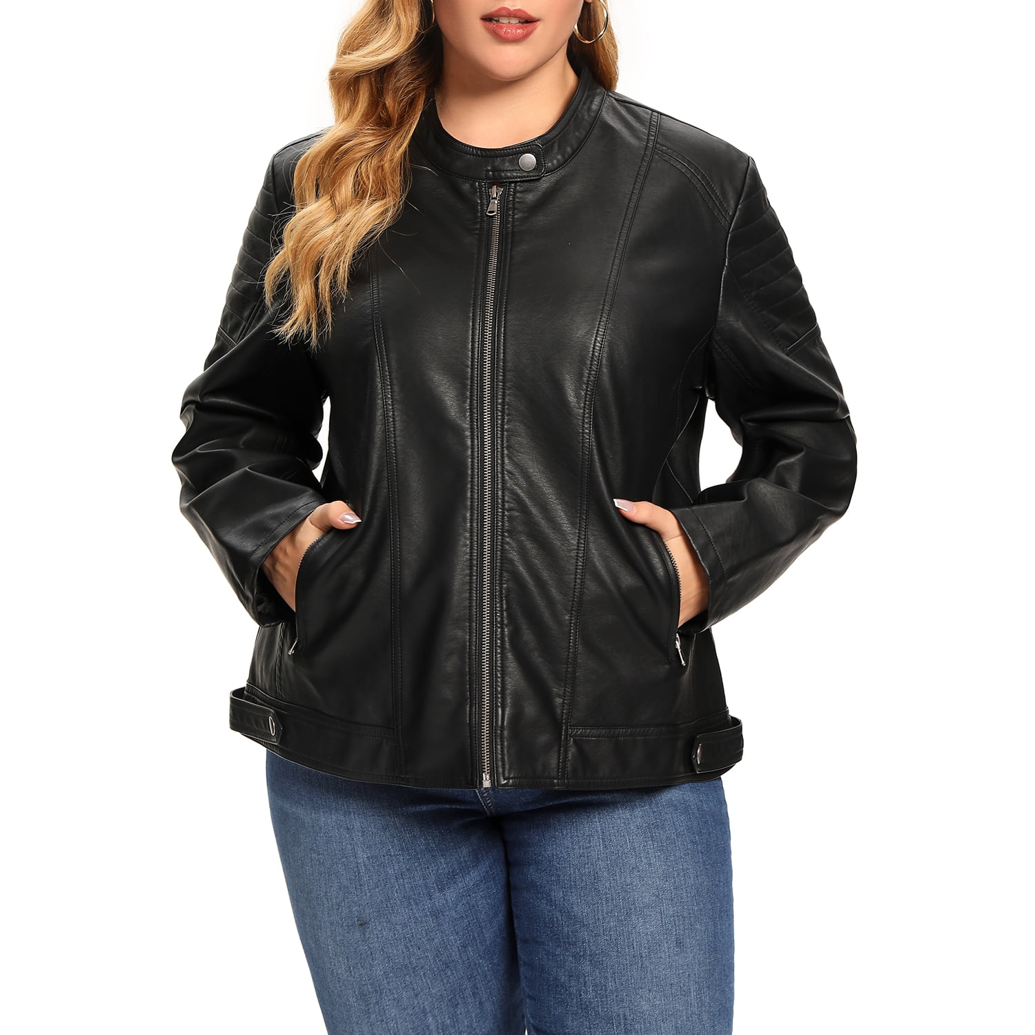 S P Y M Womens Faux Leather Jacket, Moto Biker Coat, Quilted Zip Up ...