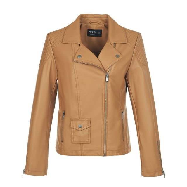 S P Y M Womens Faux Leather Jacket, Moto Biker Coat, Quilted Zip Up