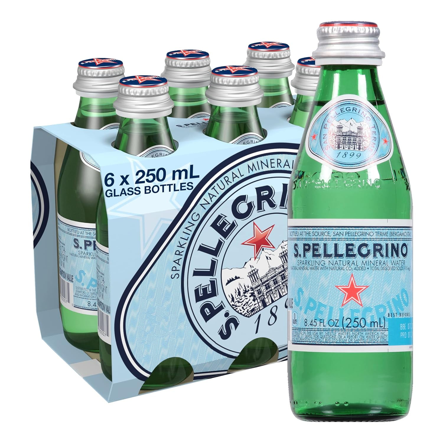 S.Pellegrino Sparkling Natural Mineral Water, 8.45 fl oz. Glass Bottle ...