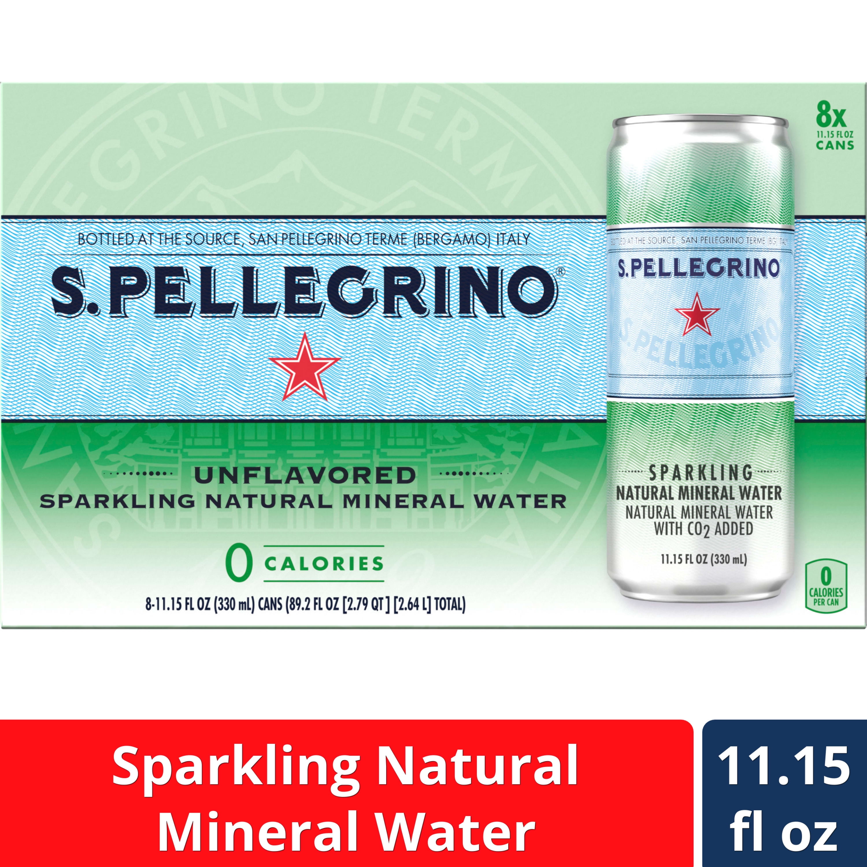 S.Pellegrino Sparkling Natural Unflavored Mineral Water, 8 Sleek Cans