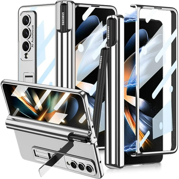 S Pen Holder Case Compatible Galaxy Z Fold 4 Transparent Case Hinge Protection & Screen Protector,Electroplating Magnetic Crystal Protective Clear Cover for Galaxy Z Fold 4 Kickstand Case Silver