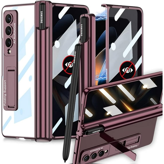 S Pen Holder Case Compatible Samsung Galaxy Z Fold 4 Case with Privacy Screen Protector,Magnetic Hinge Protection Transparent Case for Samsung Fold 4 5g Case,Samsung Z Fold 4 Phone Case Wine Red
