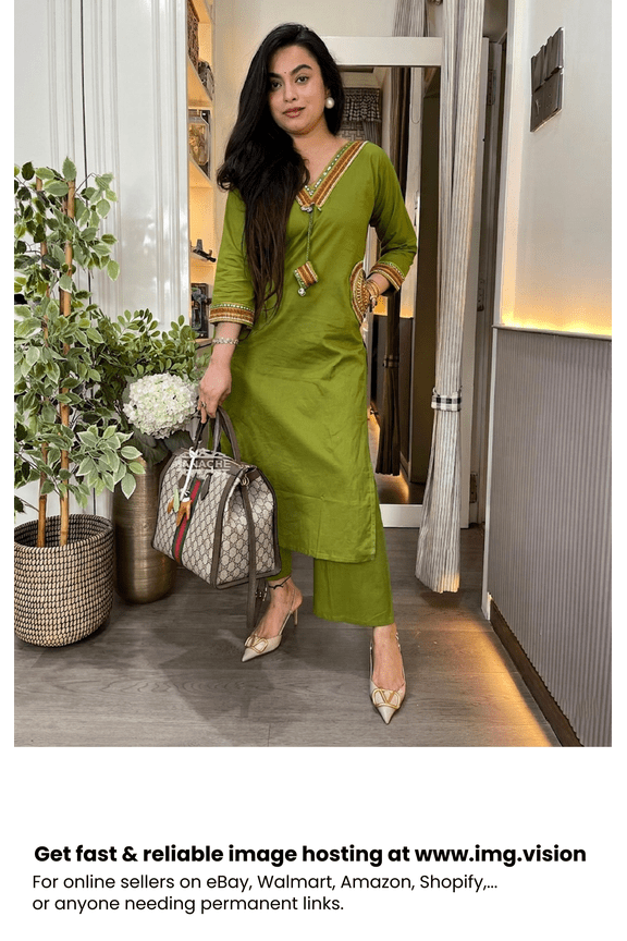 S.R FASHION Women's Cotton Green Embroidered Kurta with Pant Set - 2 Piece Ethnic Suit