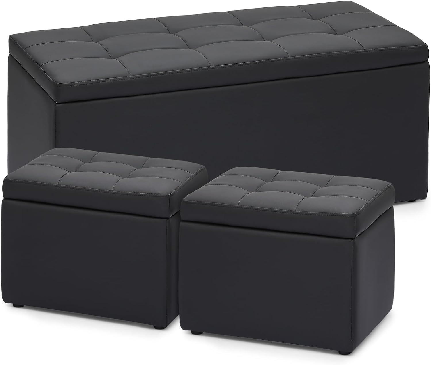 S Rectangular Storage Bench Tufted Footrest with Cube Ottomans Set of 3