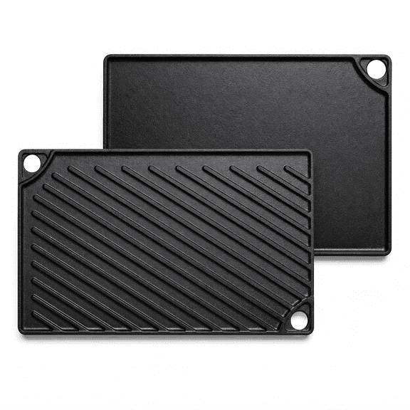 S Reversible Grill/Griddle, 16.7x9.5'' Pre-Seasoned Cast Iron Griddle Pan, Double Burner Cookware, Rectangular Non-Stick Stovetop Griddle with Handles, Flat Top Plate for Oven, Grill & Campfire