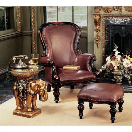 S/ Rococo Faux Leather Chair & Ottoman Design Toscano Victorian Rococo English
