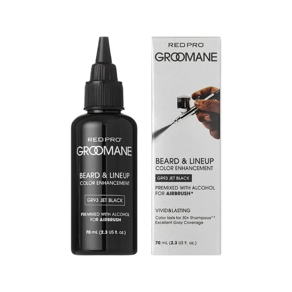RED Pro GROOMANE Beard & Lineup Color Enhancement for Airbrush, Natural Semi-Permanent Barber Beard Dye, Long-Lasting Gray Coverage, Men Hairline Color (Jet Black (Premix), 2.3 fl.oz)