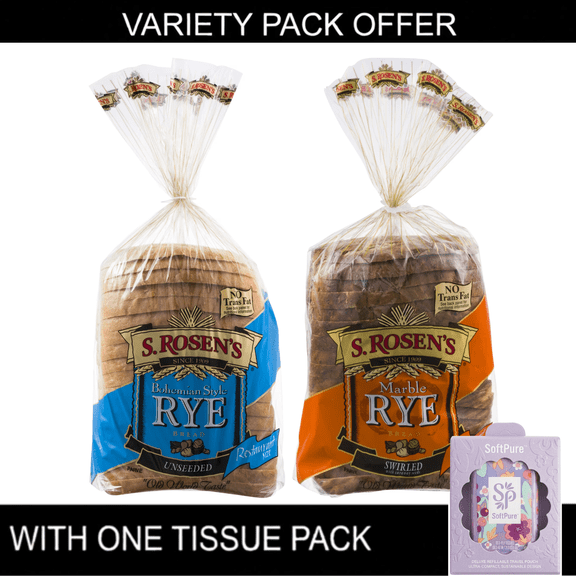 S. Rosen's Rye Bread Variety Pack, Bohemian Style Unseeded & Marble Swirled, No Trans Fat, With 1 Tissue Pack
