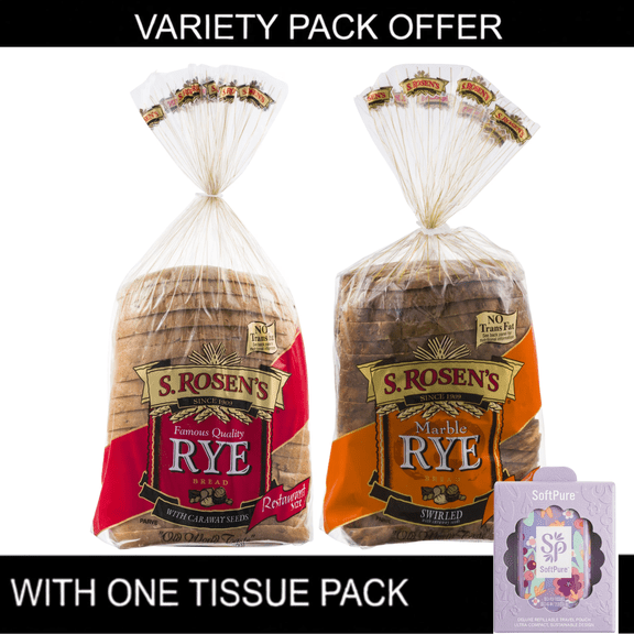 S. Rosen's Rye and Marble Rye Bread With Caraway Seeds Restaurant Size 24 oz. Loaves With One Tissue Pack