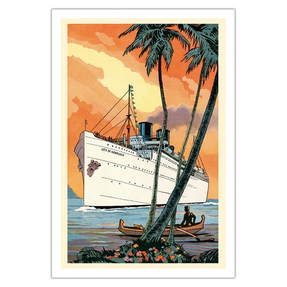 S.S. City of Honolulu - Boat Day Hawaii - Los Angeles Steamship Company - Vintage Travel Poster c.1920s - Fine Art Matte Paper Print (Unframed) 30x44in