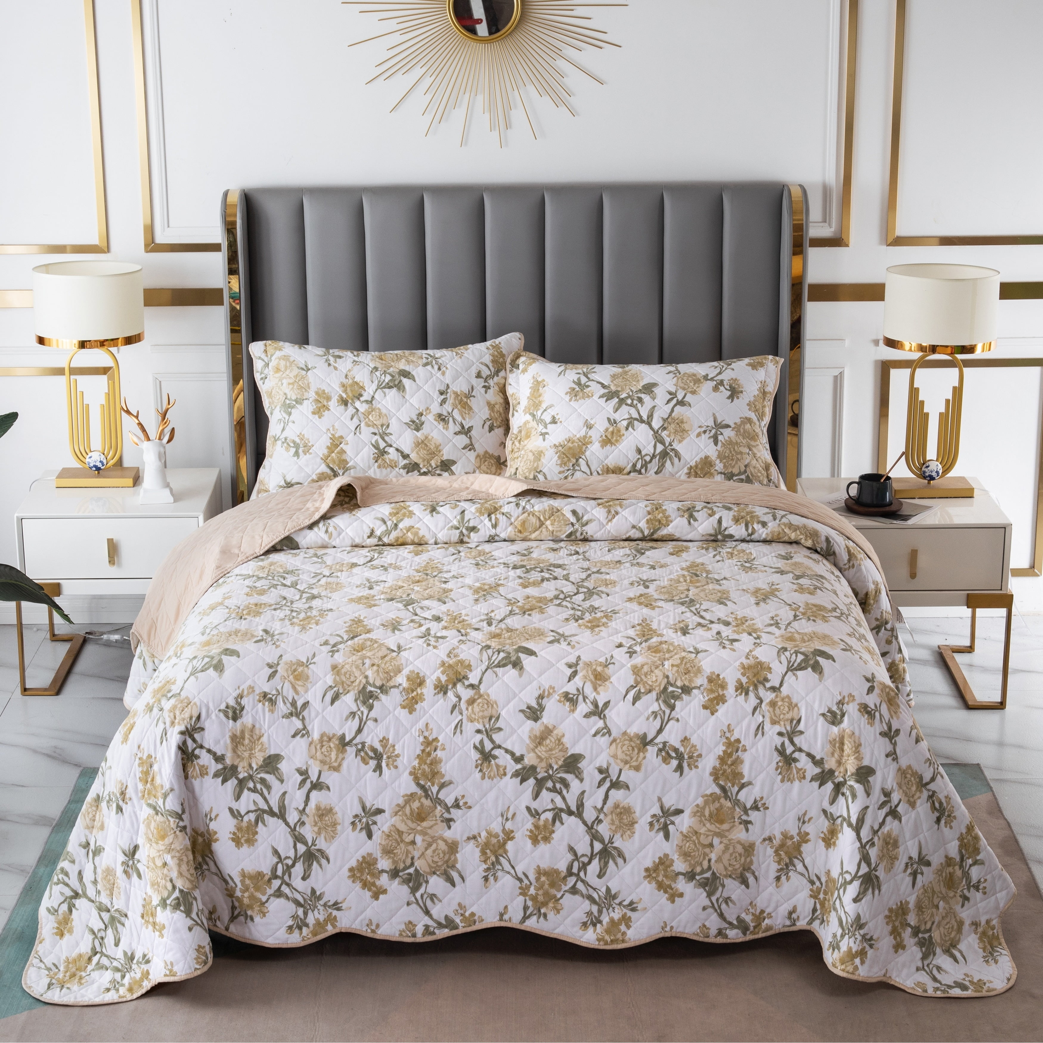 Red Twin Microfiber Bedspread Set with Floral Print