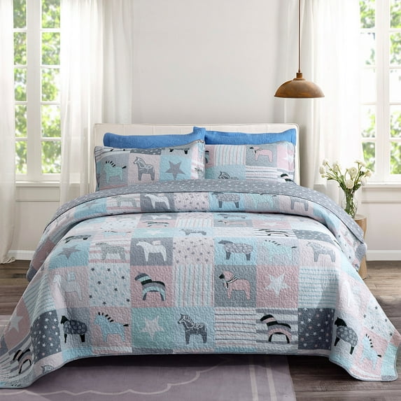 S&S Printed Ponies Reversible 100% Cotton Quilt Set Twin 2 Piece
