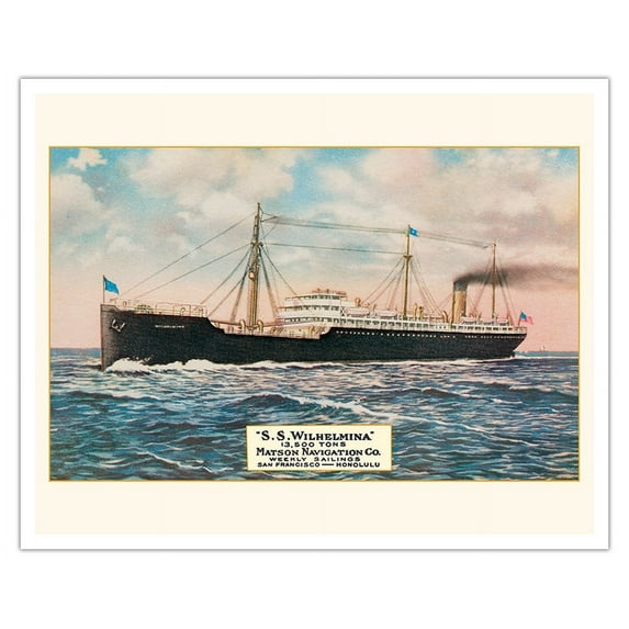 S.S. Wilhelmina - Weekly Sailings from San Francisco to Honolulu - Vintage Ocean Liner Travel Poster c.1917 - Fine Art Matte Paper Print (Unframed) 16x20in