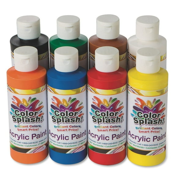 S&S Worldwide Color Splash! Acrylic Paint, 8 Bright Colors, 8-oz Flip-Top Squeeze Bottles, Great for Arts & Crafts, Wood, Paper Mache, Bisque, Metal, Canvas, For Kids & Adults, Non-Toxic, Set of 8.