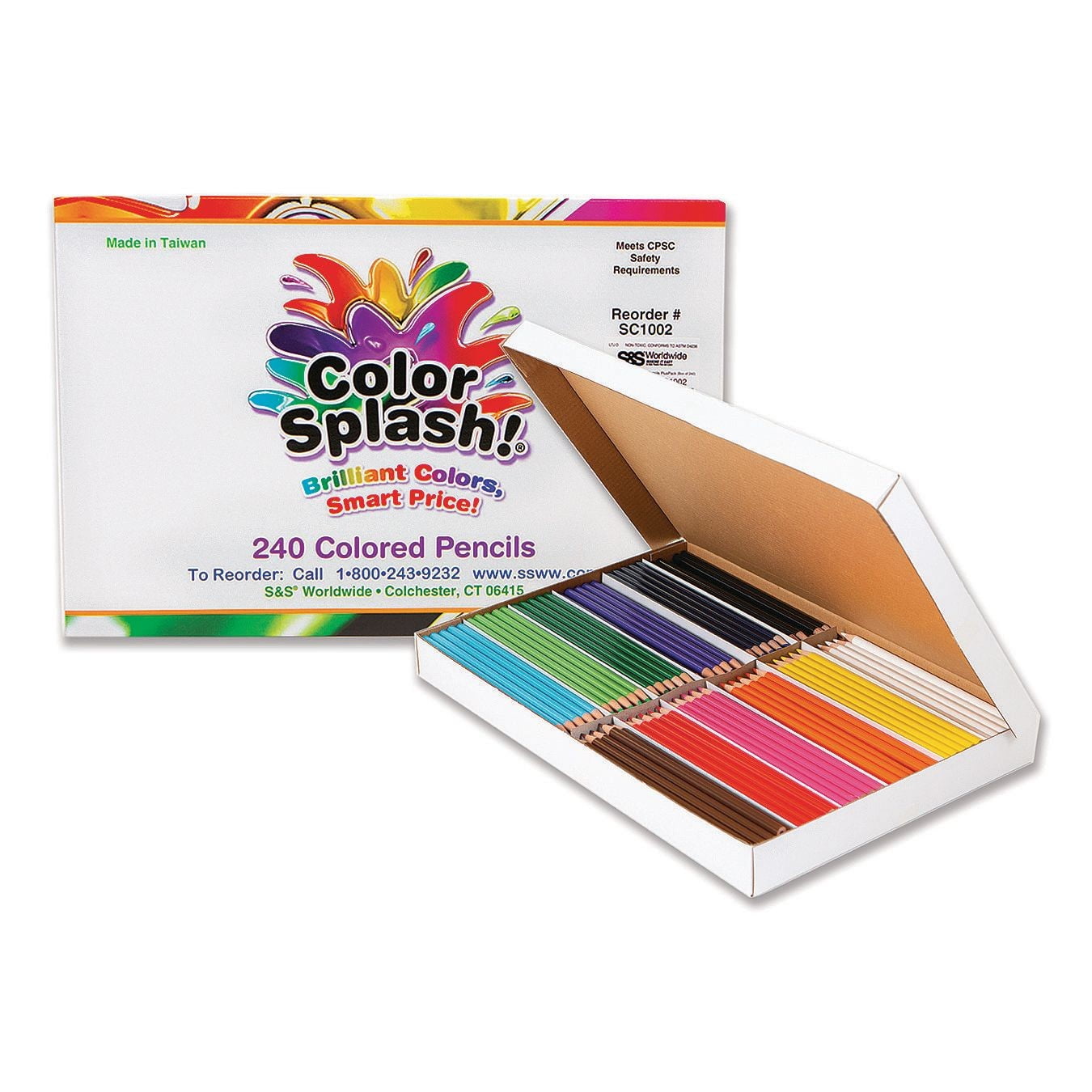 S&S Worldwide Color Splash! Colored Pencils PlusPack, 24 each of 10 Bright Colors in Convenient Divided Box, Easy to Distribute & Store, For Kids, Adults, Classroom, Camp, Group Coloring, Box of 240