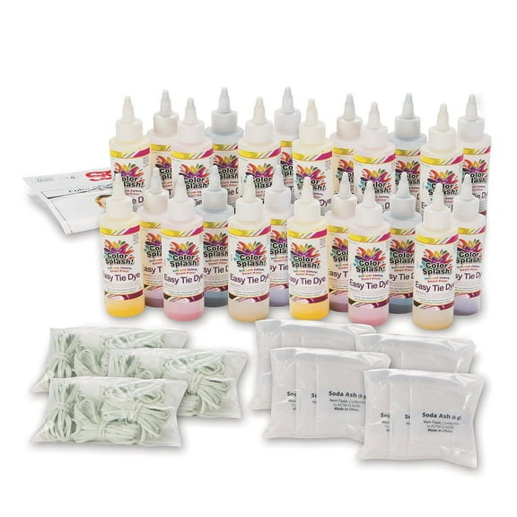 S&S Worldwide Color Splash! Easy Tie Dye Super Pack, 4 ea 6 Colors Dye Powder + Soda Ash, 4-oz Squeeze Bottles, Rubber Bands, Just Add Water, For Groups, Tie-Dye, Batik, Ice Dye, Non-Toxic, Pack of 24