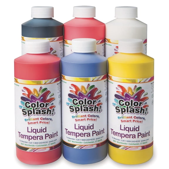S&S Worldwide Color Splash! Liquid Tempera Bulk Paint, Bright Colors, 16-oz Easy-Pour Squeeze Bottles, Great for Arts & Crafts, School, Classroom, Poster Paint, For Kids & Adults, Non-Toxic Set of 6 .