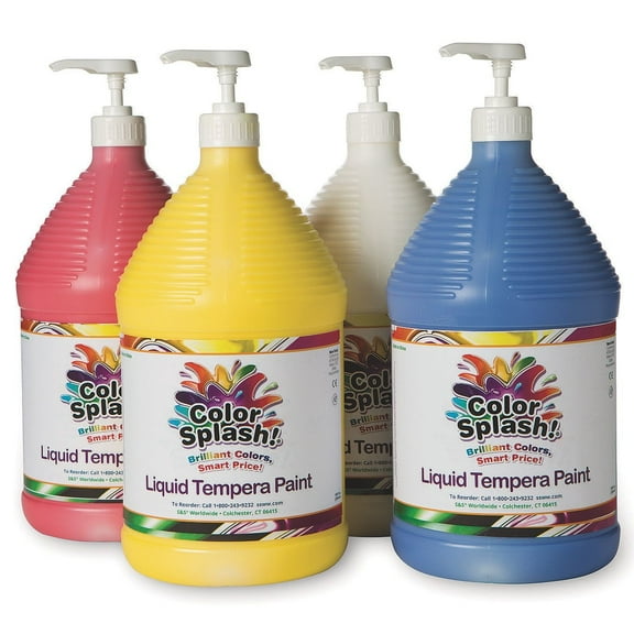 S&S Worldwide Color Splash! Liquid Tempera Bulk Paint, Primary Colors & White, 4 FREE Paint Pumps, 128oz (Gallon) Bottles, Arts & Crafts, School, Camp, For Kids & Adults, Non-Toxic, Set of 4.