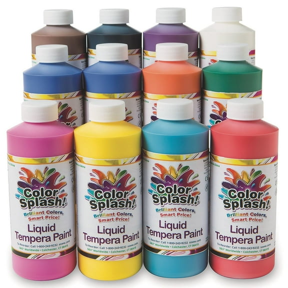 S&S Worldwide Color Splash! Liquid Tempera Bulk Paint, Set of 12 in 11 Bright Colors, 16-oz Easy-Pour Squeeze Bottles, For Arts & Crafts, School, Classroom, Poster Paint, For Kids & Adults, Non-Toxic