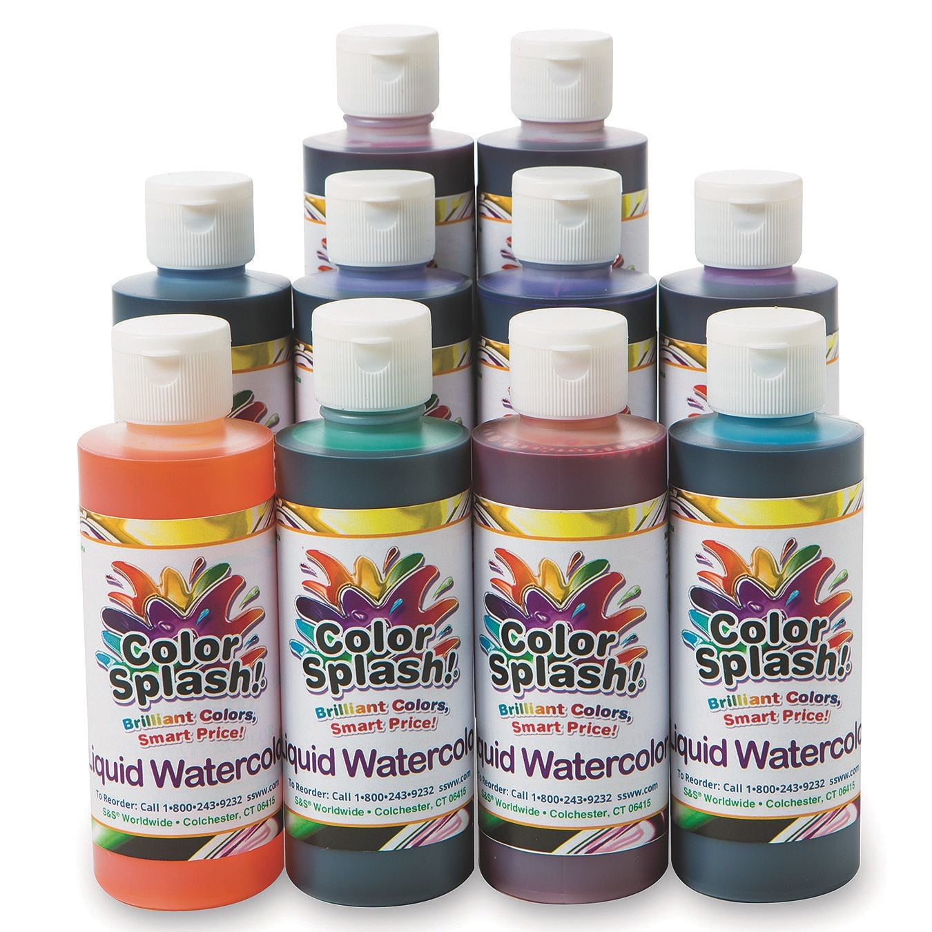 S\u0026S Worldwide Color Splash! Liquid Watercolor Paint, 10 Vivid Colors, 8-oz Flip-Top Bottles, For All Watercolor Painting, Use to Tint Slime, Clay, Glue, Shaving Cream, Non-Toxic. Pack of 10