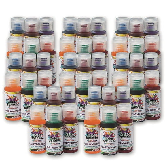 S&S Worldwide Color Splash! Liquid Watercolor Paint, 8 each of 6 Vivid Colors, 1-oz Drip-Dispense Bottles, For All Watercolor Painting, For Groups, Use to Tint Slime, Clay, Glue, Non-Toxic. Pack of 48