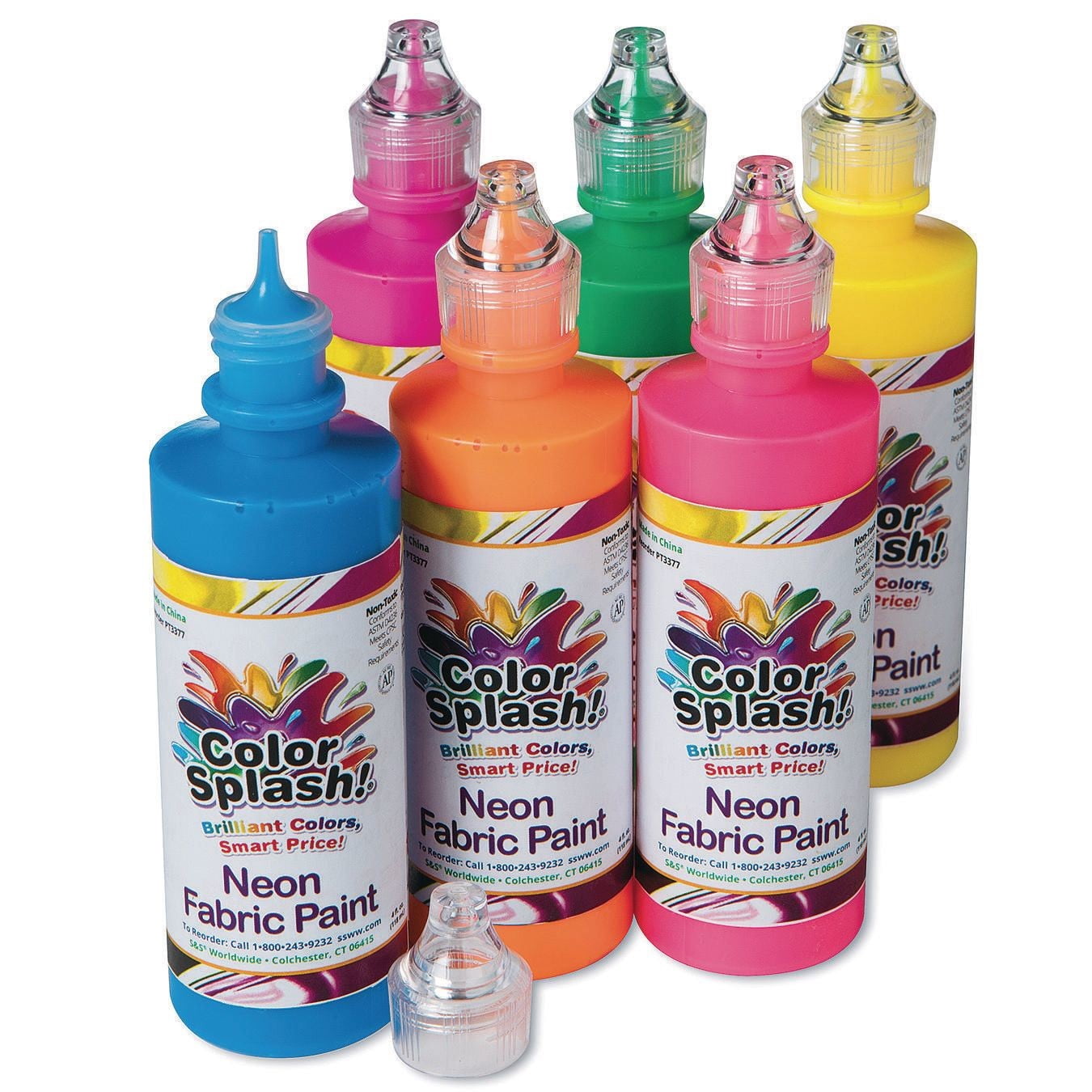S&S Worldwide Color Splash! Neon Dimensional Fabric Paint Assortment, 6 Bold Colors, 4-oz Squeeze Bottles With Precision Tips, Create 3-D Designs on Fabric, Vinyl, Wood, and More, Non-Toxic Pack of 6
