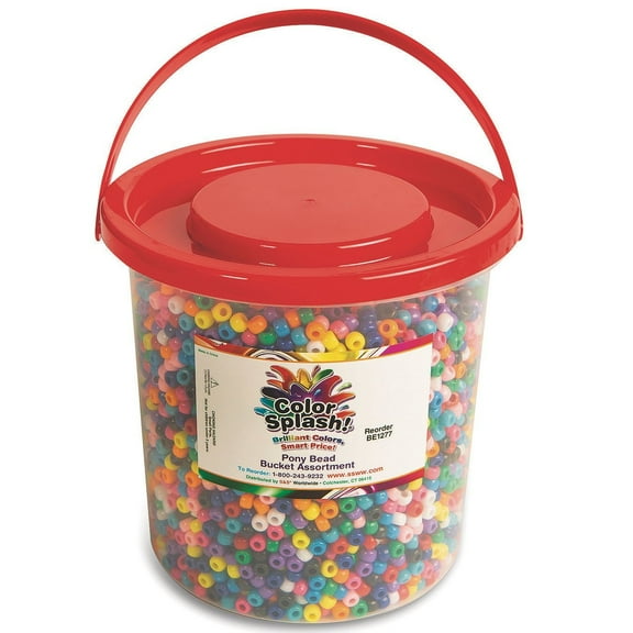 S&S Worldwide Color Splash! Pony Bead Bucket, 4 lbs - Over 6,500 Beads! Assorted Bright Plastic Beads in Portable, Stackable, Storable Bucket! For Kids, Camp, School, Groups, 6mm x 9mm w/3.5mm hole