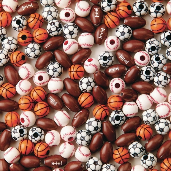 S&S Worldwide Color Splash! Sports Bead Mix: Football, Baseball, Soccer & Basketball Beads. Make Kids' Sports Jewelry, Add To Backpacks & Shoelaces, 12-15mm with 2.5-3.5mm holes. Plastic. Pack of 600